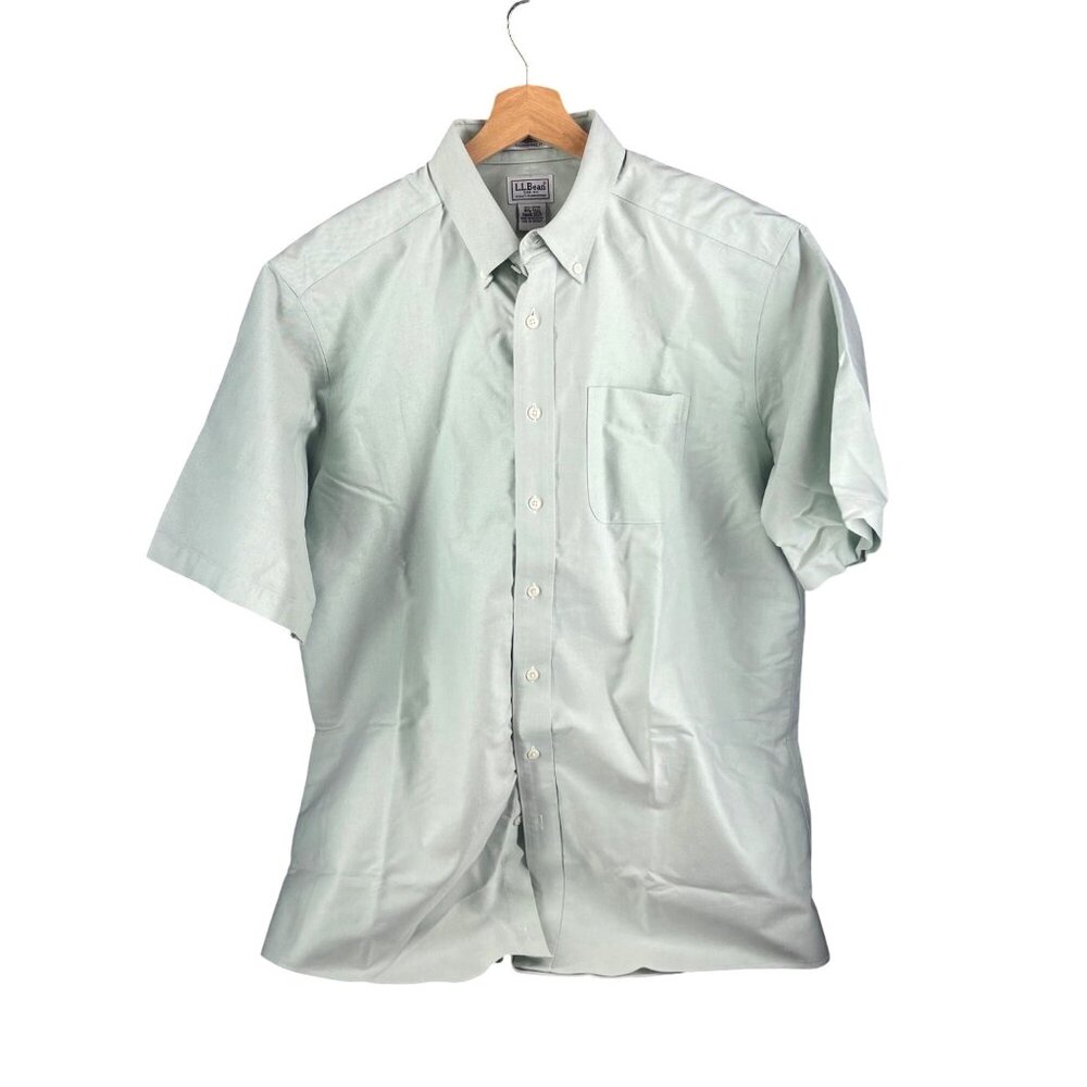 L.L.Bean Mens Short Sleeve Button-Down Shirt 16.5" Tall Green 100% Cotton Made I